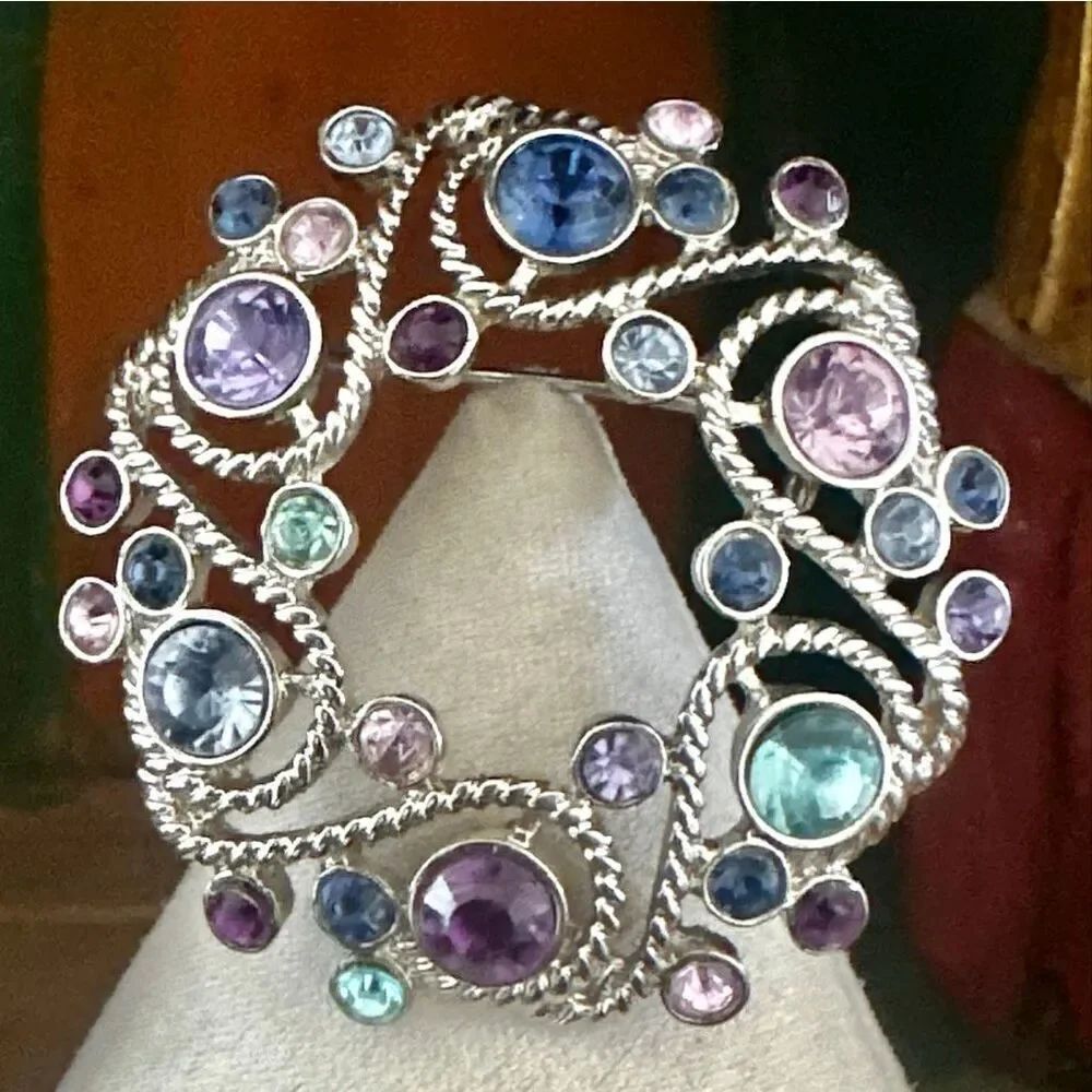 Napier Silver-Tone Multicolor Rhinestone Wreath Brooch